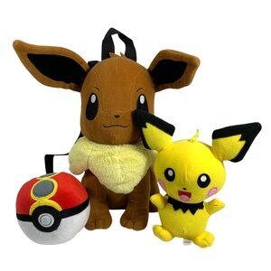 Pokemon Eevee Backpack Fab NY, Pokeball By Tomy & Pichu Plush By Toy Factory Set